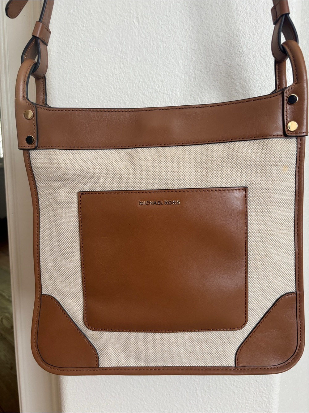 Michael Kors Brown and Cream Canvas Leather Messenger Bag